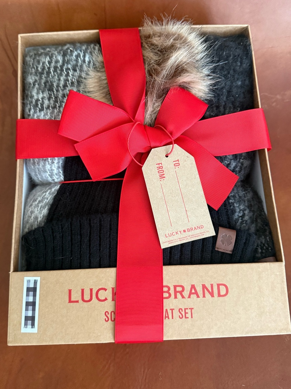 Lucky Brand Women’s Black & Gray Knit Scarf & Hat Gift Set with Faux-Fur Pom